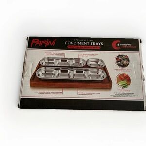 Parini Stainless Steel Condiment Trays with Acacia Wood Caddy NIB